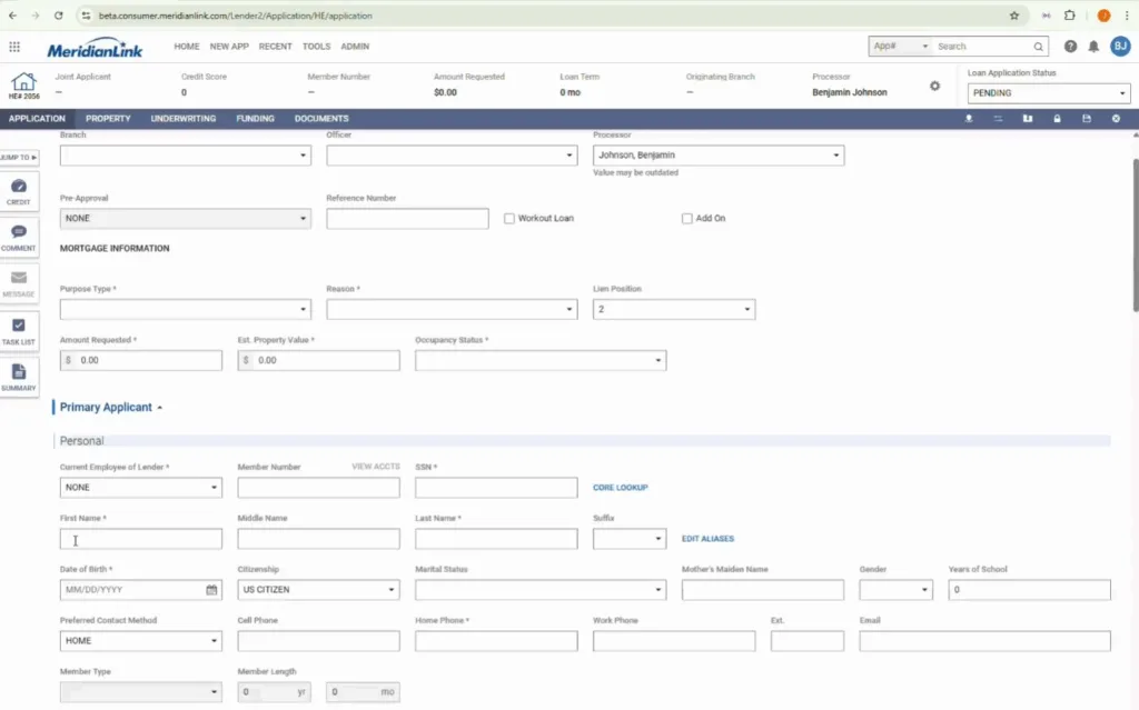 MeridianLink dashboard screenshot showing fields for manual entry if not listed on ID